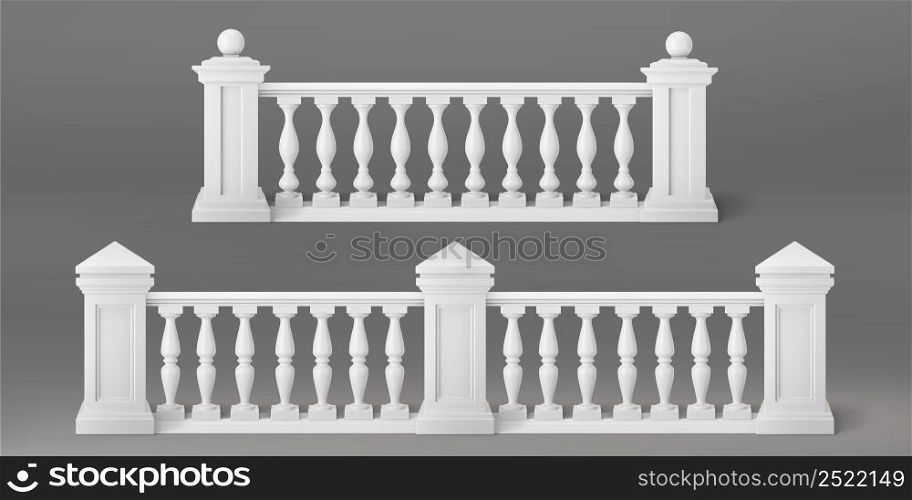 White stone or marble balustrades with pillars, columns, balusters and handrails. Vector realistic set of 3d fence in classic greek or roman style for balcony, terrace, stairs. White stone or marble balustrades with pillars