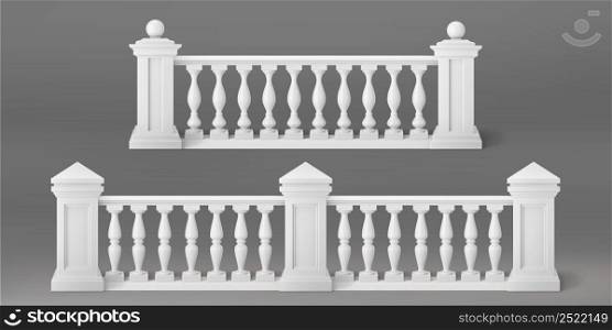 White stone or marble balustrades with pillars, columns, balusters and handrails. Vector realistic set of 3d fence in classic greek or roman style for balcony, terrace, stairs. White stone or marble balustrades with pillars