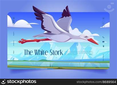 White stork cartoon landing page, beautiful wild bird flying in blue cloudy sky over natural spring time landscape with mountains, river and green fields. Ornithology, wildlife, Vector web banner. White stork cartoon landing page, wild bird flying