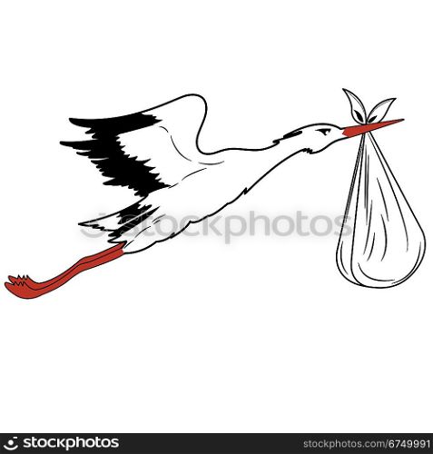 White Stork in flight delivering a newborn . vector illustration.