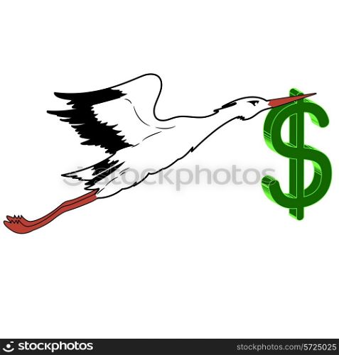 White Stork with in flight the dollar in its beak. vector illustration