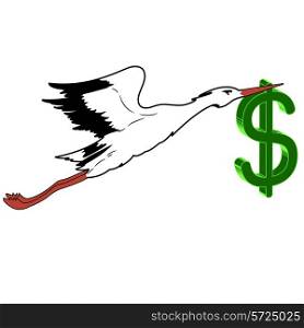 White Stork with in flight the dollar in its beak. vector illustration
