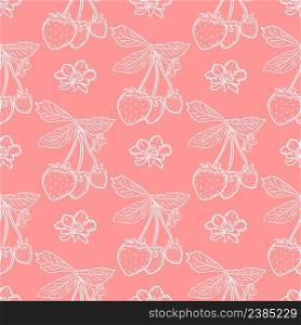 White strawberries on pink background seamless pattern. Berry background for fabric, paper and wallpaper. Template with berries flowers and leaves vector illustration