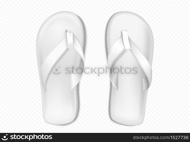 White summer slippers for beach or pool isolated on transparent background. Vector realistic mockup of blank flip flops, plastic sandals with thong, rubber shoes for household or sea vacation. White summer rubber slippers for beach or pool