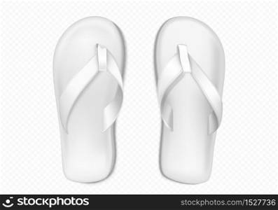 White summer slippers for beach or pool isolated on transparent background. Vector realistic mockup of blank flip flops, plastic sandals with thong, rubber shoes for household or sea vacation. White summer rubber slippers for beach or pool