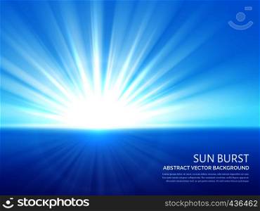 White sun burst in blue sky. Abstract sunlight bursting effect vector background. Sun energy and sunlight ray illustration. White sun burst in blue sky. Abstract sunlight bursting effect vector background