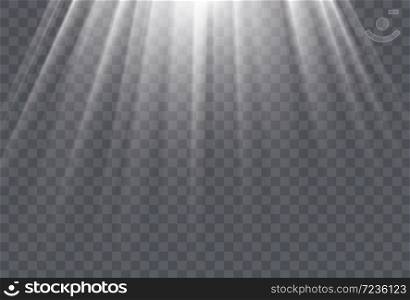 White sun rays and glow light effect on transparent background. Vector illustration.