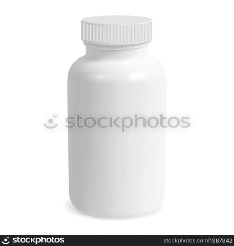 White supplement bottle mockup. Medicine pill jar, isolated vector. Medical tablet container white blank. Pharmacy capsule can design, aspirin or antibiotic product illustration. White supplement bottle mockup. Medicine pill jar
