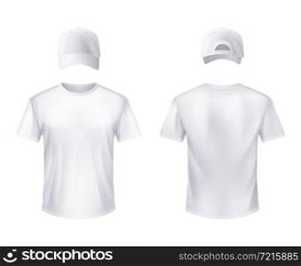 White t-shirt and baseball cap front and back views set realistic design for men illustration vector . WhiteT-shirtt Baseball Cap Man Realistic