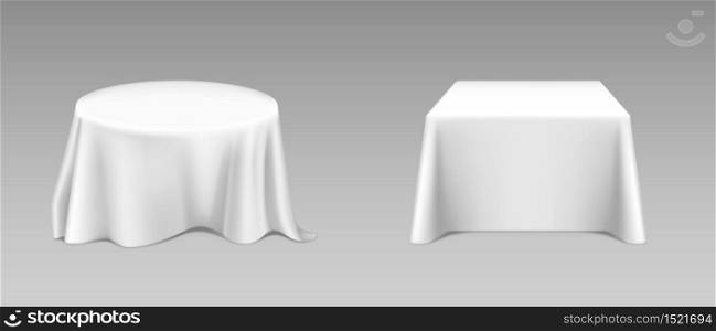 White tablecloth on square and round tables. Vector realistic mockup of empty dining desk with blank linen cloth with drapes for banquet restaurant, holiday event or dinner. Template with fabric cover. Vector realistic white tablecloth on tables