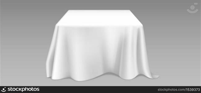 White tablecloth on square table. Vector realistic mockup of empty dining desk with blank linen cloth with drapes for banquet, restaurant, holiday event or dinner. Template with fabric cover. Vector realistic white tablecloth on square table