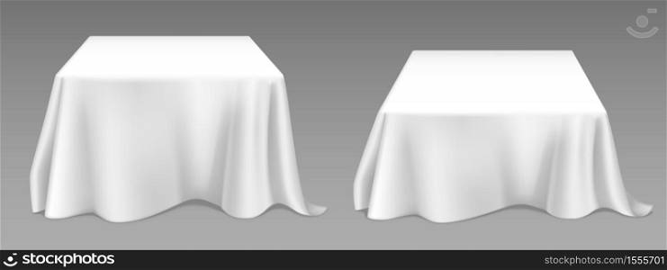 White tablecloth on square tables. Vector realistic mockup of empty dining desk with blank linen cloth with drapes for banquet restaurant, holiday event or dinner. Template with fabric cover. Vector realistic white tablecloth on tables