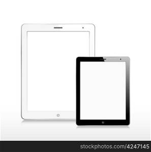 White tablet and black mini tablet computers. EPS 10 vector illustration. Used transparency layers and opasity mask of reflection.