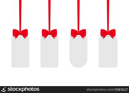 White tags isolated on white background with red ribbon. Vector stock illustration. White tags isolated on white background with red ribbon. Vector stock illustration.