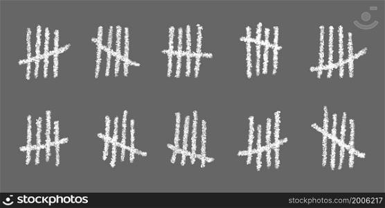 White tally marks on gray background. Chalk drawn sticks sorted by four and crossed out by slash line. Counting stripes on chalkboard. Unary numeral system signs. Vector illustration. White tally marks on gray background. Chalk drawn sticks sorted by four and crossed out by slash line. Counting stripes on chalkboard. Unary numeral system signs