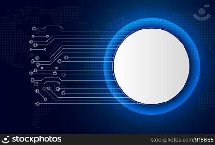 White technology circle button on blue abstract background with white line circuit board. Business and Connection. Futuristic and Industry 4.0 concept. Internet cyber and network theme.