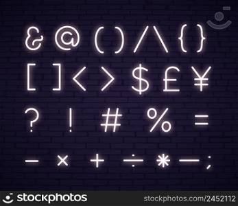 White text symbols neon sign. Glowing symbols on brick wall background. Vector illustration can be used for computer, telephone, messages, mobile. White text symbols neon sign