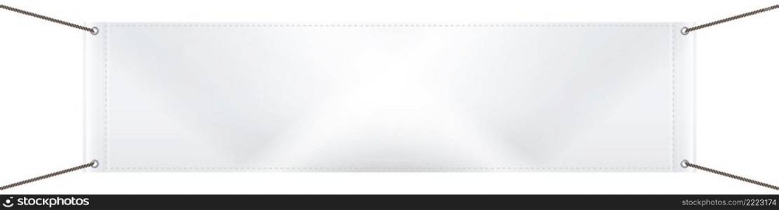 White textile banner, blank empty canvas template. Horizontal advertising vinyl banner with eyelets. 3D realistic isolated vector illustration.. White textile banner, blank empty canvas template. 3D realistic isolated vector illustration