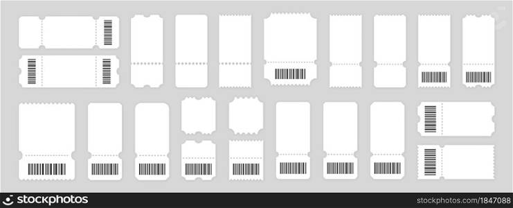 White ticket with barcode vector illustration. Blank vintage ticket symbol. Set 3d realistic mockups. Coupon design template with shadow. Stock vector elements.. White ticket with barcode vector illustration. Blank vintage ticket symbol.