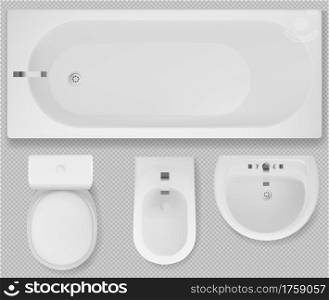 White toilet bowl, bath tub, sink and bidet top view. Bathroom interior equipment, washbasin with tap, lavatory isolated on transparent background. Vector realistic 3d set of washroom furniture. Toilet bowl, bathtub, sink and bidet top view