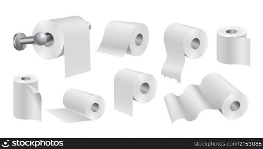 White toilet paper rolls. Realistic papers, isolated sanitary kitchen towels. Soft hygiene vector set of roll paper, realistic bathroom soft wipe illustration. White toilet paper rolls. Realistic papers, isolated sanitary kitchen towels. Soft hygiene vector set