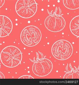 White tomatoes on pink background seamless pattern. Model vegetables hand engraved. Template sketch healthy organic food for packaging and design vector illustration