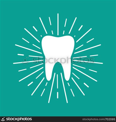White Tooth with sun rays on blue background. Flat design. Eps10. White Tooth with sun rays on blue background. Flat design