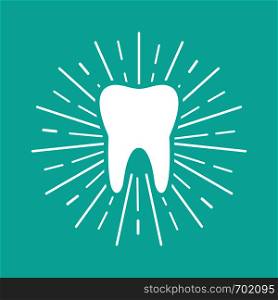 White Tooth with sun rays on blue background. Flat design. Eps10. White Tooth with sun rays on blue background. Flat design