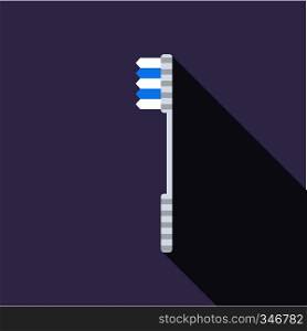 White toothbrush icon in flat style on a violet background. White toothbrush icon, flat style