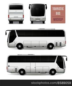 White touristic bus with tinted glass realistic advertising template side view front and rear isolated vector illustration. Touristic Bus Realistic Advertising Template
