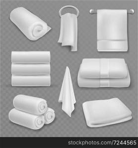 White towel. Beautiful fresh hotel bathroom, kitchen or beach stacked towels, roll and hanging, soft cotton luxury textile hygiene items, realistic vector mockups. White towel. Beautiful fresh hotel bathroom stacked towels, roll and hanging, soft cotton textile hygiene items, realistic vector mockups