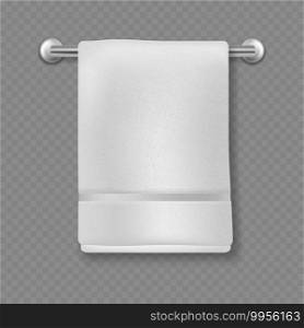 White towel. Realistic bathroom soft cotton textile. Clean bathroom kitchen or beach luxury towels hanging on hanger, personal hygiene item, 3d vector isolated on transparent background illustration. White towel. Realistic bathroom cotton textile. Clean bathroom kitchen or beach luxury towels hanging on hanger, personal hygiene 3d vector isolated on transparent background illustration