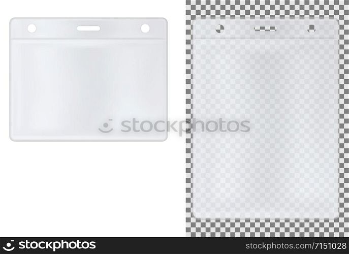 White transparent badge vector mock up. Id card Lanyard holder template. Realistic exhibitor event plastic cover. Accreditation tag sachet. Employee identity pass blank. Person backstage access label. Transparent badge vector mock up. Id card holder