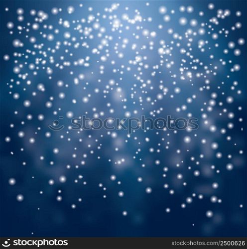 White transparent Falling Christmas sparks on blue background. Neon concept for party flyers and holiday invitations.