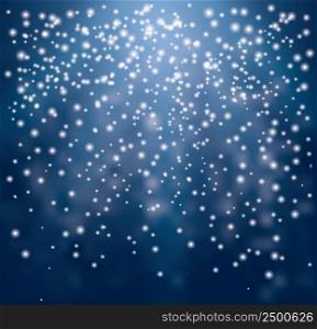 White transparent Falling Christmas sparks on blue background. Neon concept for party flyers and holiday invitations.