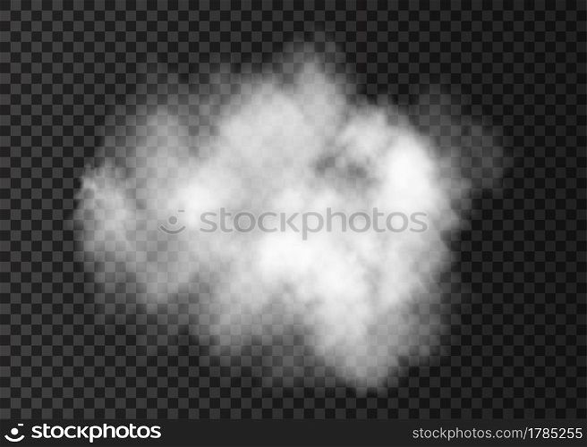 White transparent smoke cloud. Steam explosion special effect. Realistic vector fire fog or mist texture .