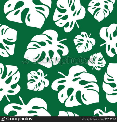 White tropical monstera leaves on green background. Vector illustration. Seamless pattern.
