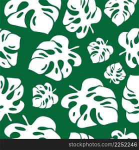 White tropical monstera leaves on green background. Vector illustration. Seamless pattern.
