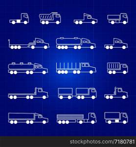 White truck line icons. Transportation vector outline isolated symbols in blue background illustration. White truck line icons. Transportation vector outline isolated symbols