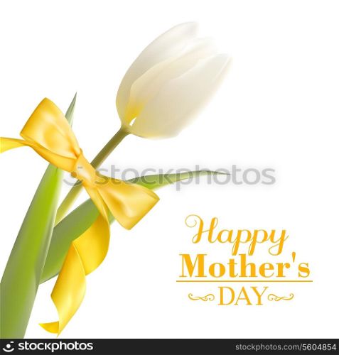 White tulip and yellow bow on holiday. Vector illustration.