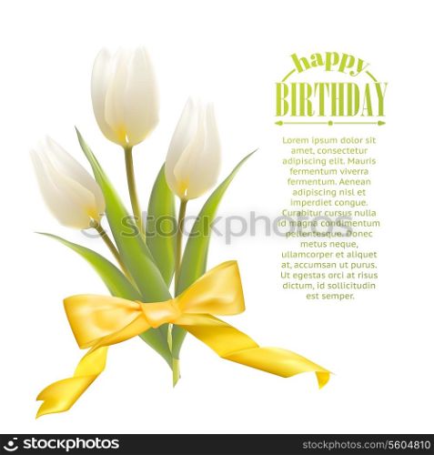 White tulips on a card for birthday. Vector illustration.