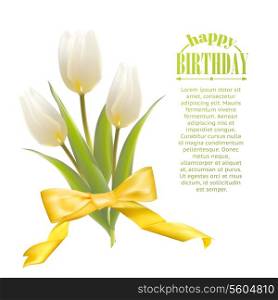 White tulips on a card for birthday. Vector illustration.