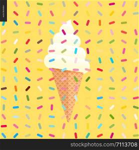 White twisted Ice cream cone and a pattern - cartoon flat vector illustrated ice cream cone and white soft scoop, with twisted geometric colorful pattern of sprinkles above on the yellow background. White Ice cream in a cone and pattern