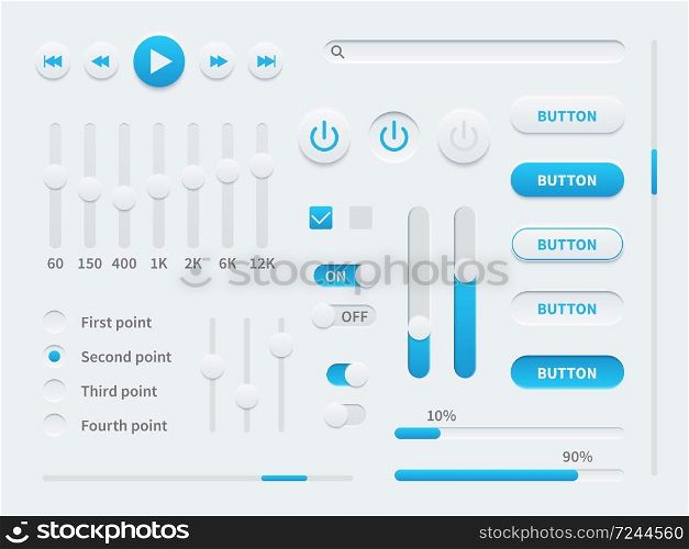 White ui. User interface elements in blue and white for mobile app, websites, social media display buttons, sliders and selectors, switches set vector illustration template. White ui. User interface elements for mobile app, websites, social media display buttons, sliders and selectors, switches set vector template