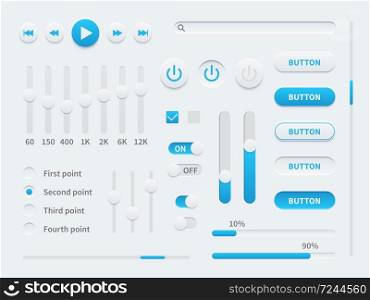 White ui. User interface elements in blue and white for mobile app, websites, social media display buttons, sliders and selectors, switches set vector illustration template. White ui. User interface elements for mobile app, websites, social media display buttons, sliders and selectors, switches set vector template