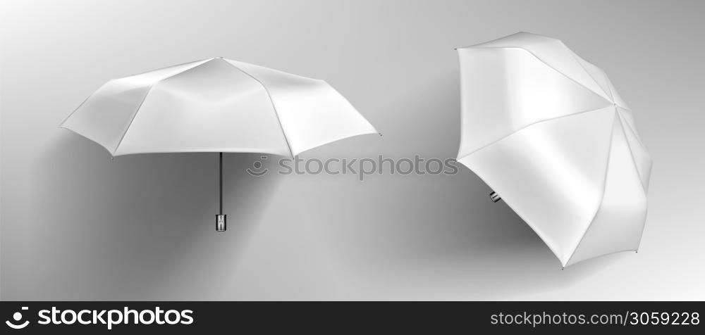 White umbrella, blank parasol front and side view mock up. Waterproof accessories for rainy autumn weather, design element isolated on grey background. Realistic 3d vector illustration, icons, clipart. White umbrella, parasol top, side and front view