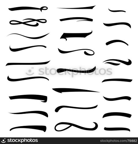 White Underlines Lettering Lines Set Isolated On Background. Typographic Design. Elements For Housewarming Posters, Greeting Cards, Home Decorations, Business Presentation. Vector Illustration Handwritten Mark.. Marker, Underline, Highlighter Marker Strokes, Swoops, Waves Brush Marks Set. Hand Lettering Lines Isolated On White. Typographic Design. Vintage Elements. Vector Illustration