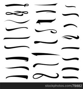 White Underlines Lettering Lines Set Isolated On Background. Typographic Design. Elements For Housewarming Posters, Greeting Cards, Home Decorations, Business Presentation. Vector Illustration Handwritten Mark.. Marker, Underline, Highlighter Marker Strokes, Swoops, Waves Brush Marks Set. Hand Lettering Lines Isolated On White. Typographic Design. Vintage Elements. Vector Illustration
