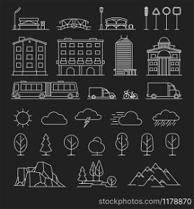 White urban line icons. City landscape linear signs vector. City landscape line icons