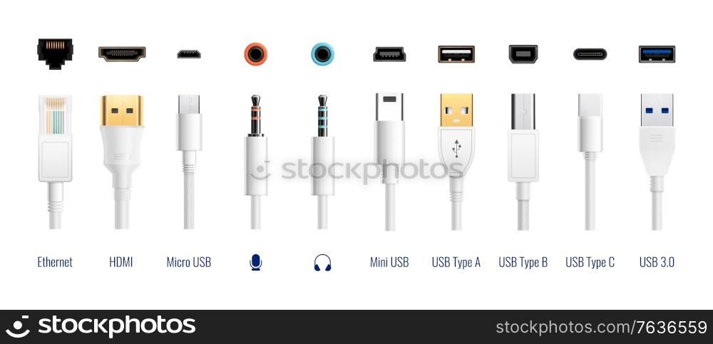 White usb types port plug in cables set with realistic images of connectors with text captions vector illustration